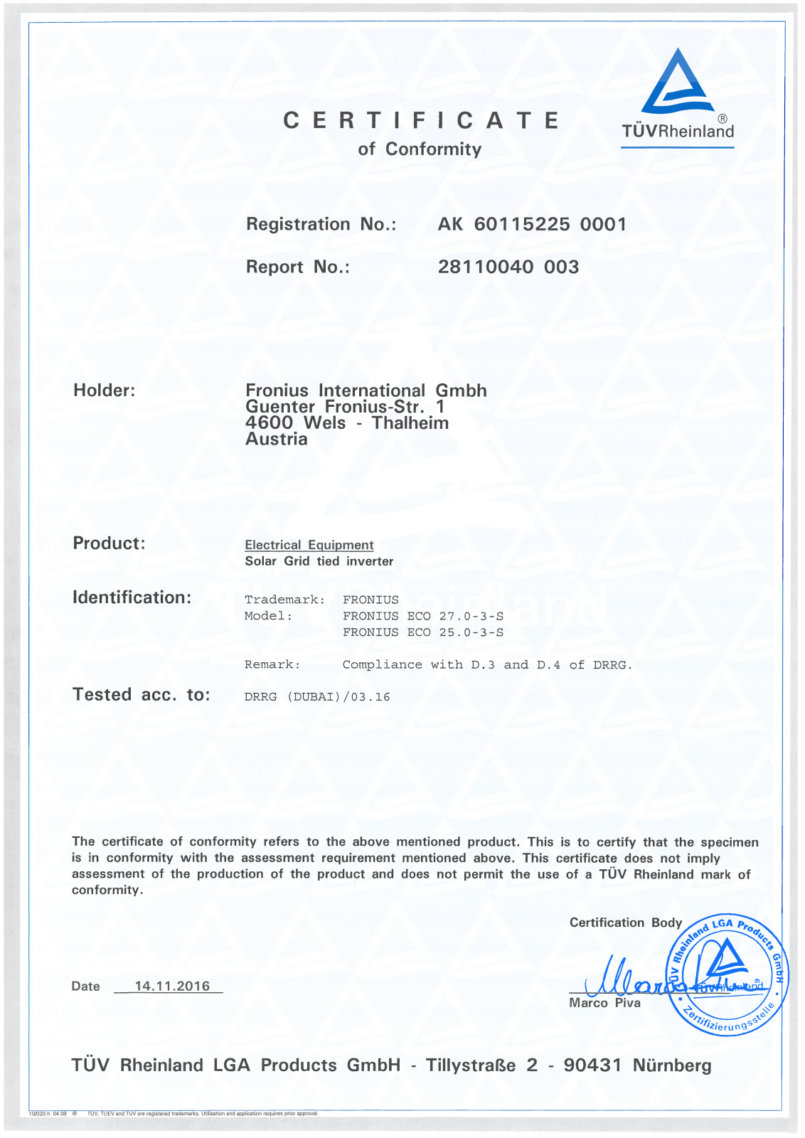 Fronius Dubai DEWA DRRG 03.16 Fronius Eco Certificate