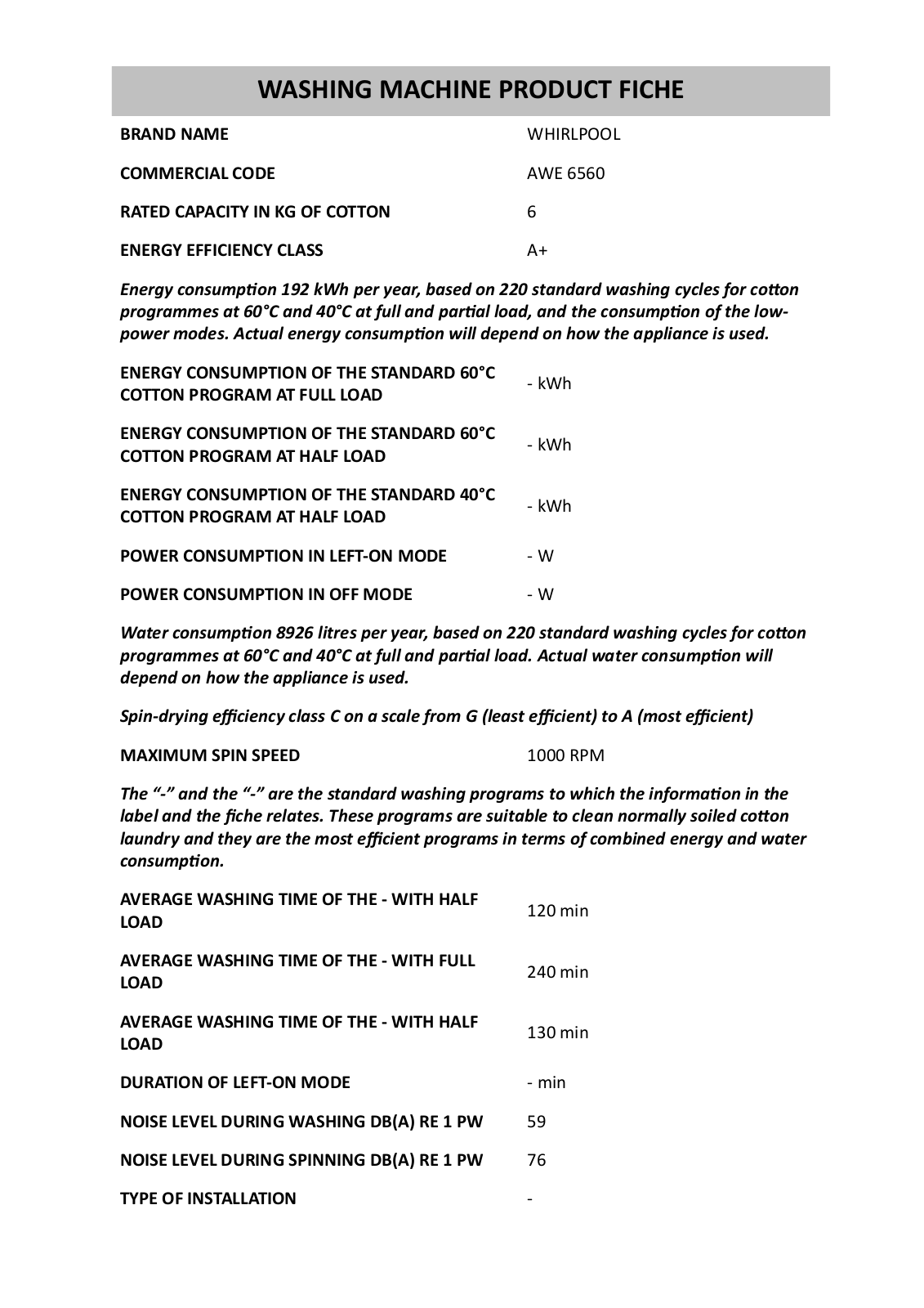 Whirlpool AWE 6560 INSTRUCTION FOR USE