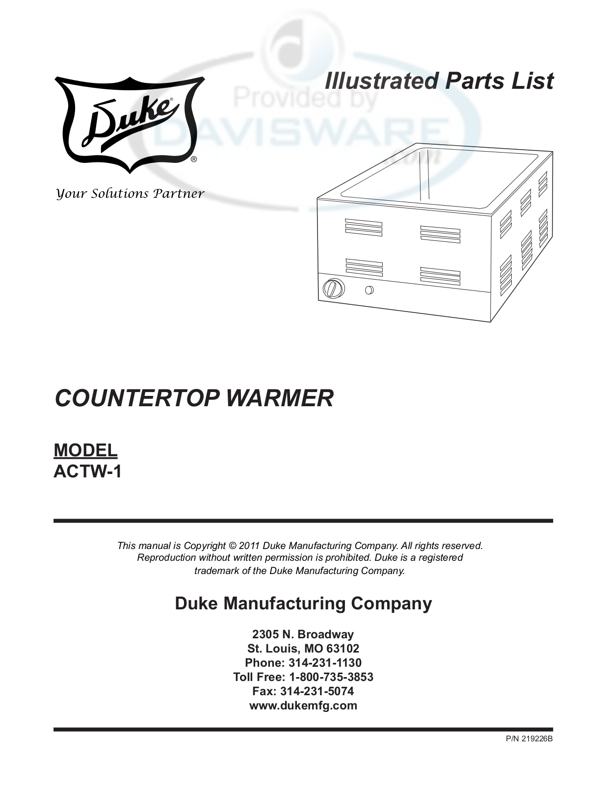 Duke Manufacturing ACTW-1 Part Manual