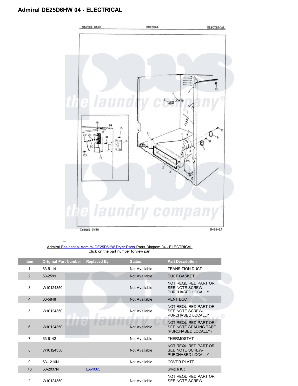 Admiral DE25D6HW Parts Diagram