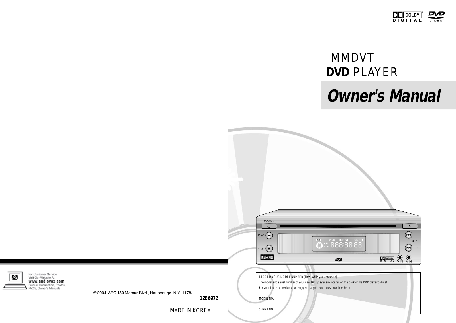 Audiovox MMDVT User Manual