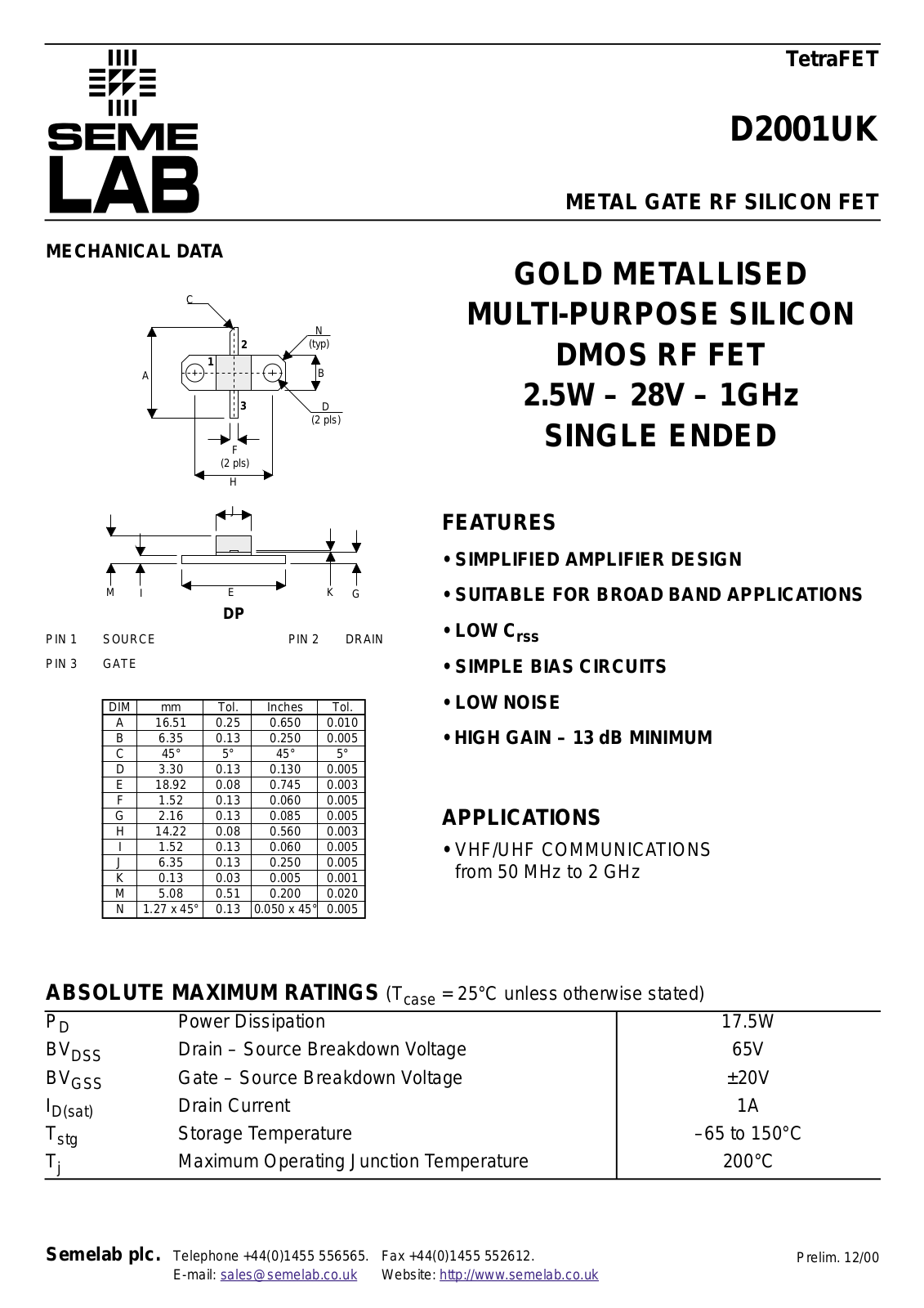 Seme D2001UK Datasheet