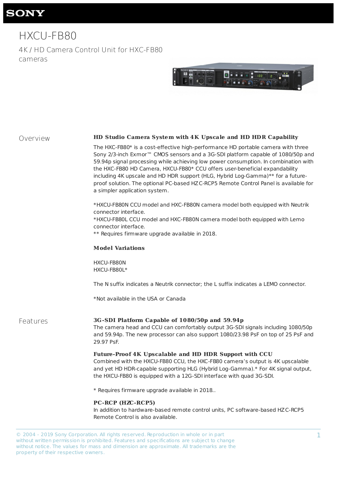 Sony HXCU-FB80L Datasheet