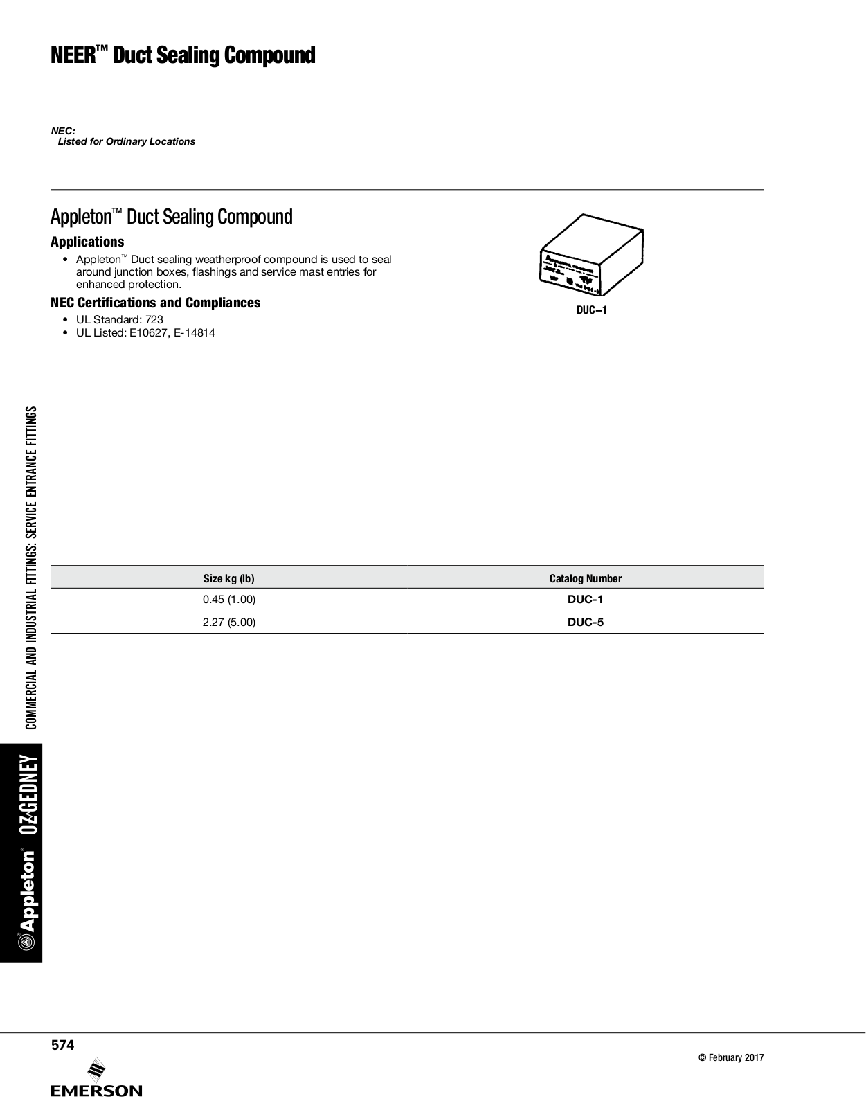 Appleton NEER™ Duct Sealing Compound Catalog Page