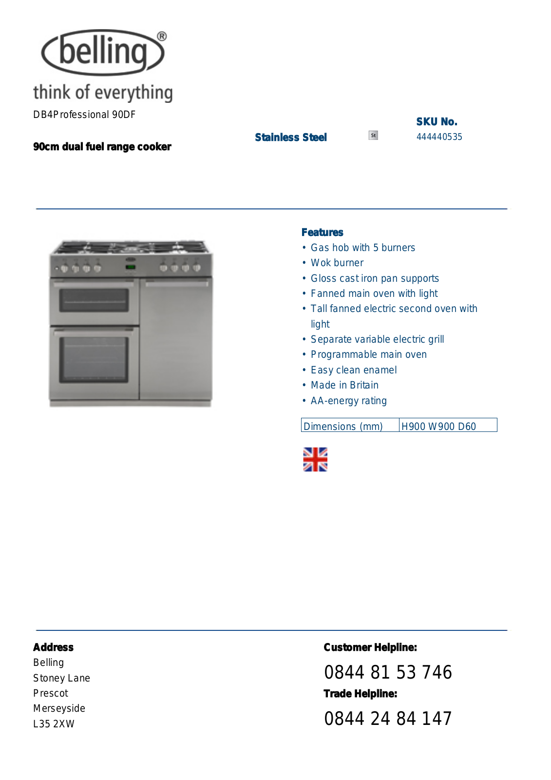 Belling DB4PROFESSIONAL 90DF DATASHEET