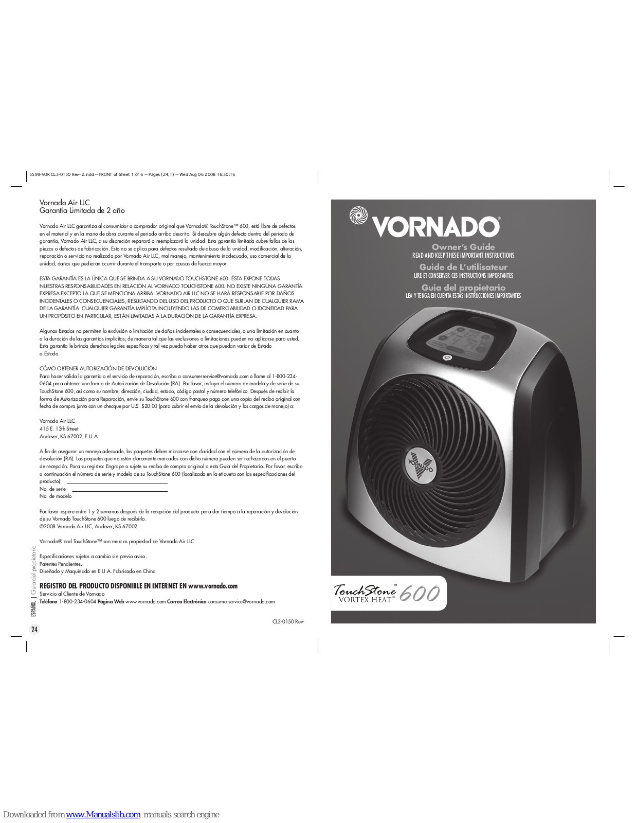 Vornado TouchStone Vortex Heat 600 Owner's Manual