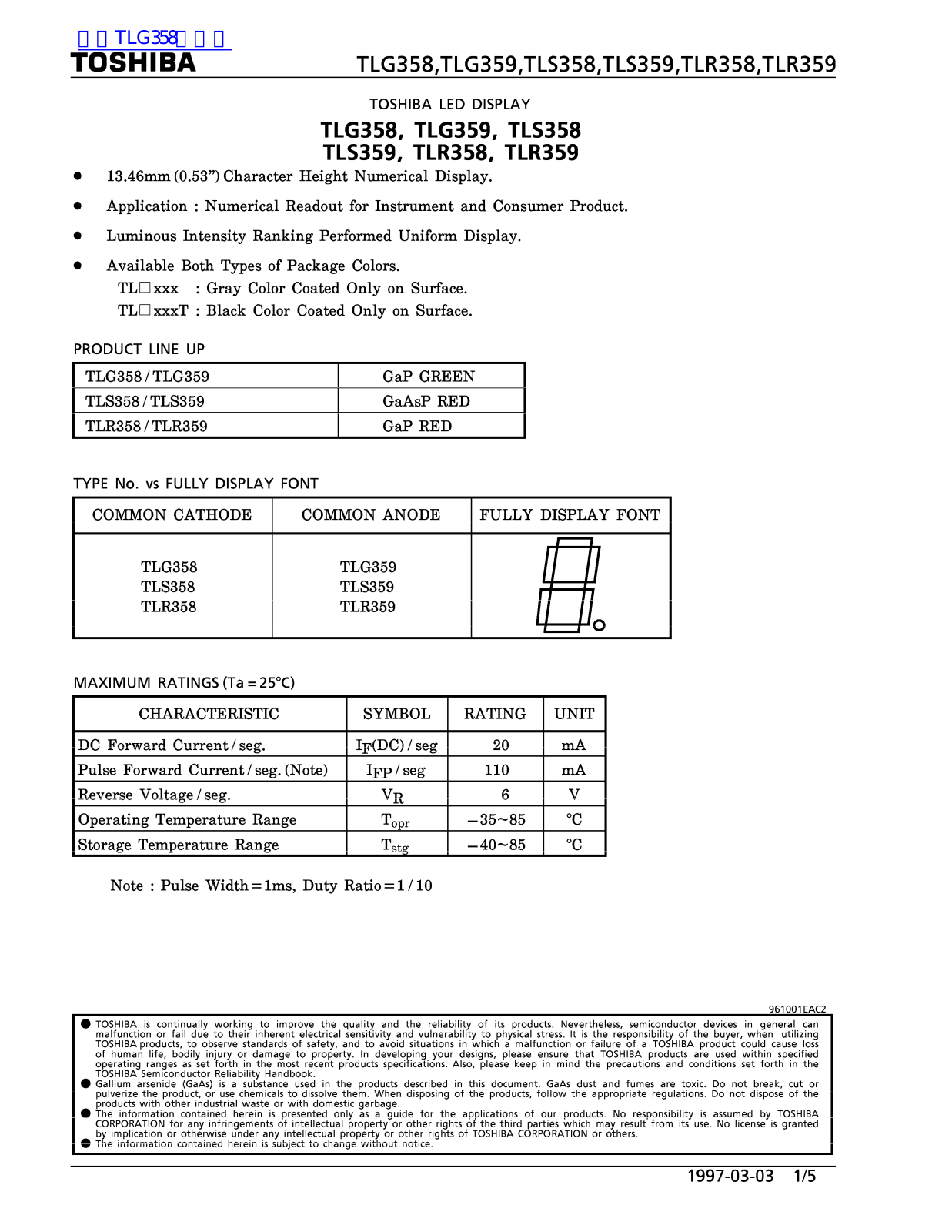 TOSHIBA TLG359 Technical data