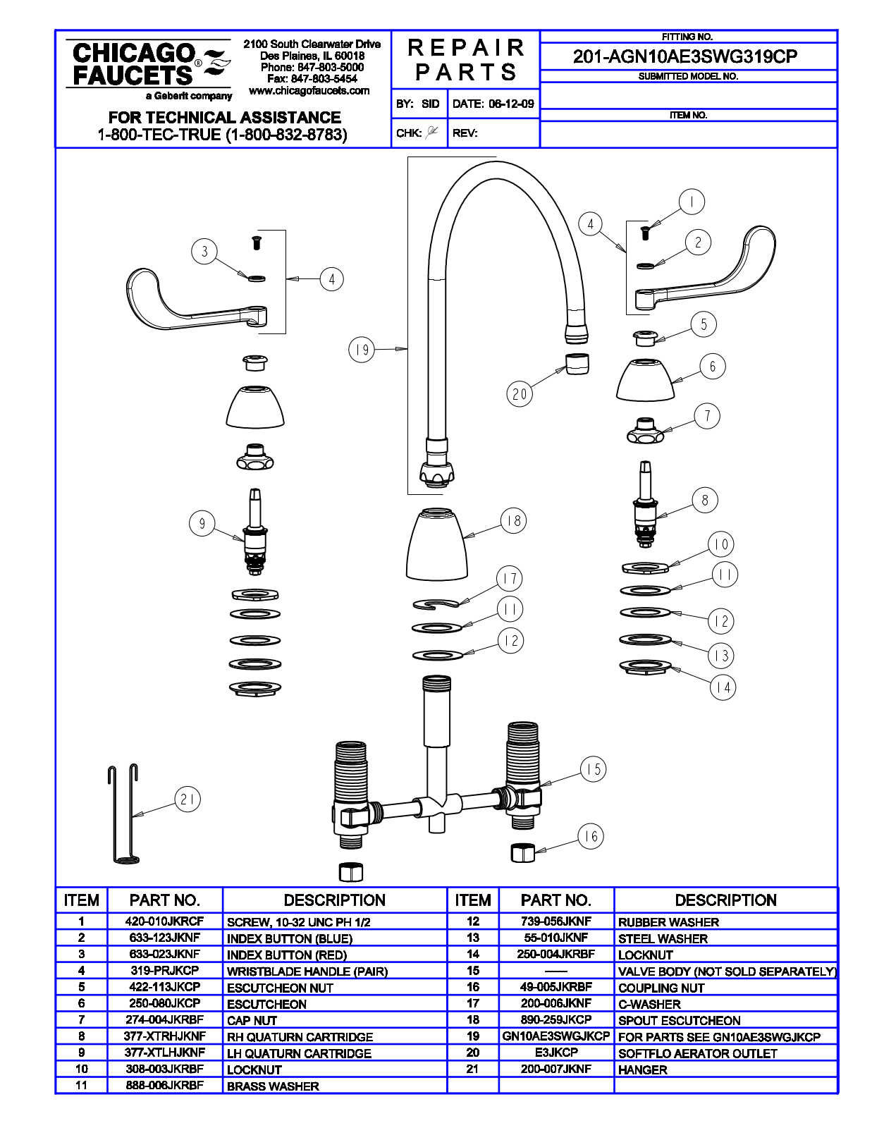 Chicago Faucet 201-AGN10AE3SWG319CP Parts List