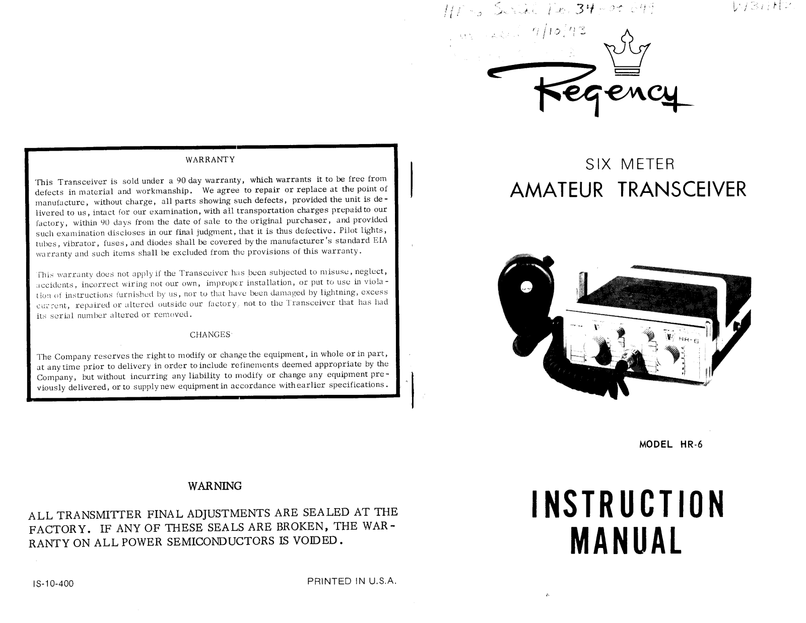 Regency HR-6 User Manual