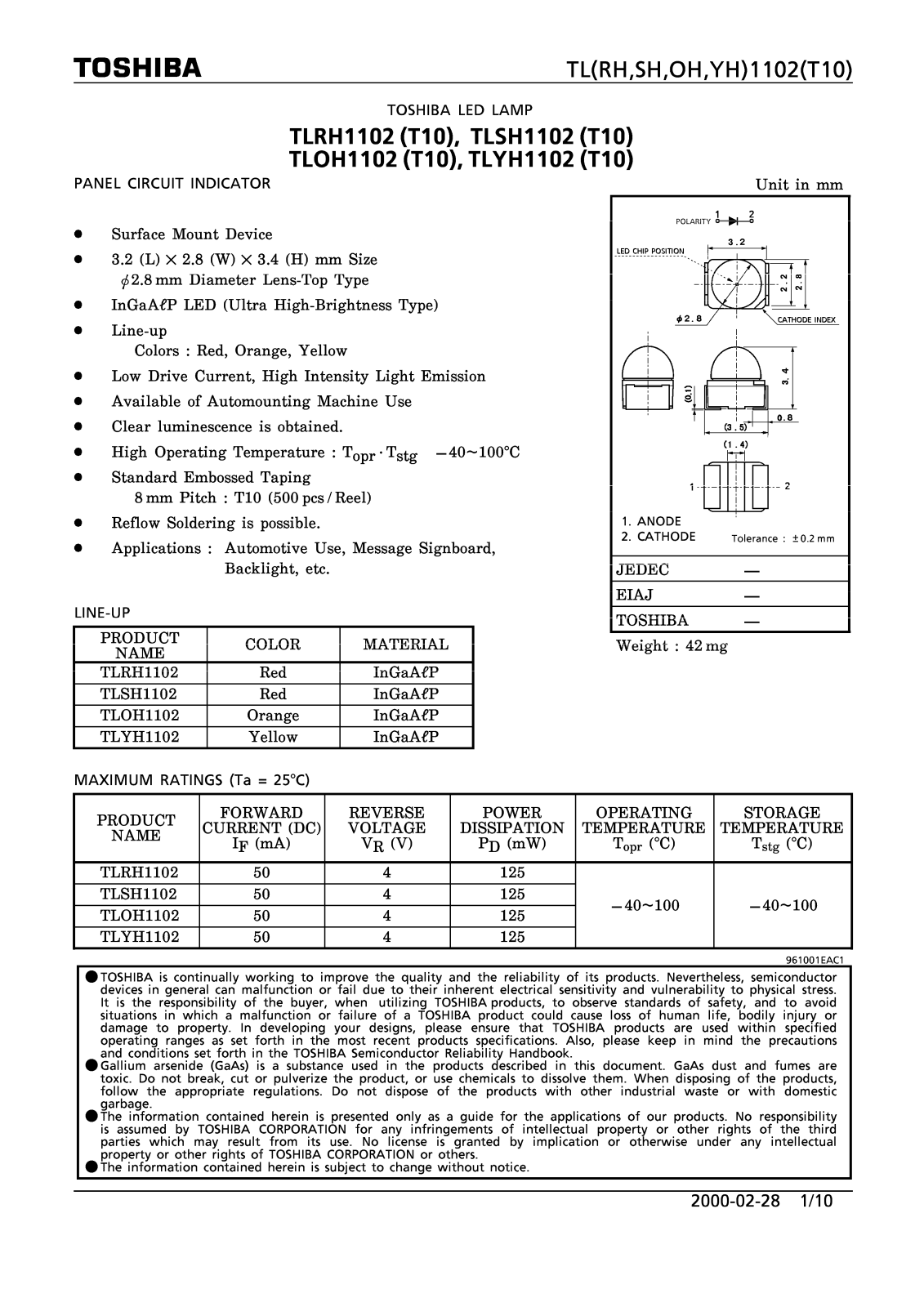 Marktech TLYH1102, TLRH1102, TLSH1102, TLOH1102 Datasheet