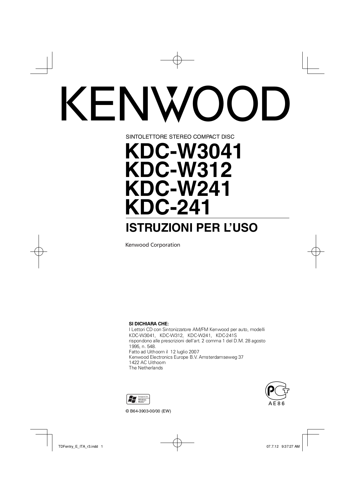 Kenwood KDC-W241, KDC-241, KDC-W3041 User Manual