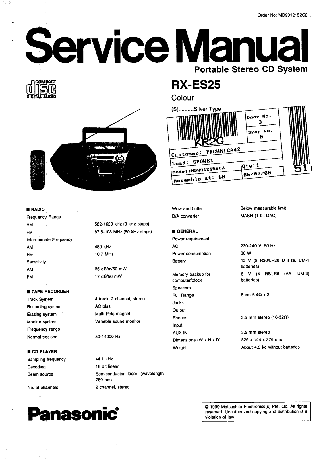 Panasonic RXES-25 Service manual