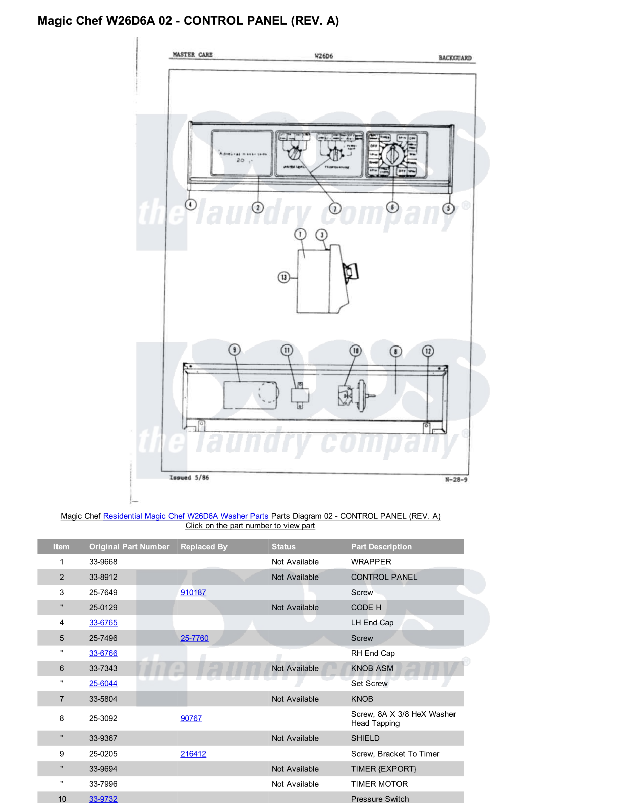 Magic Chef W26D6A Parts Diagram