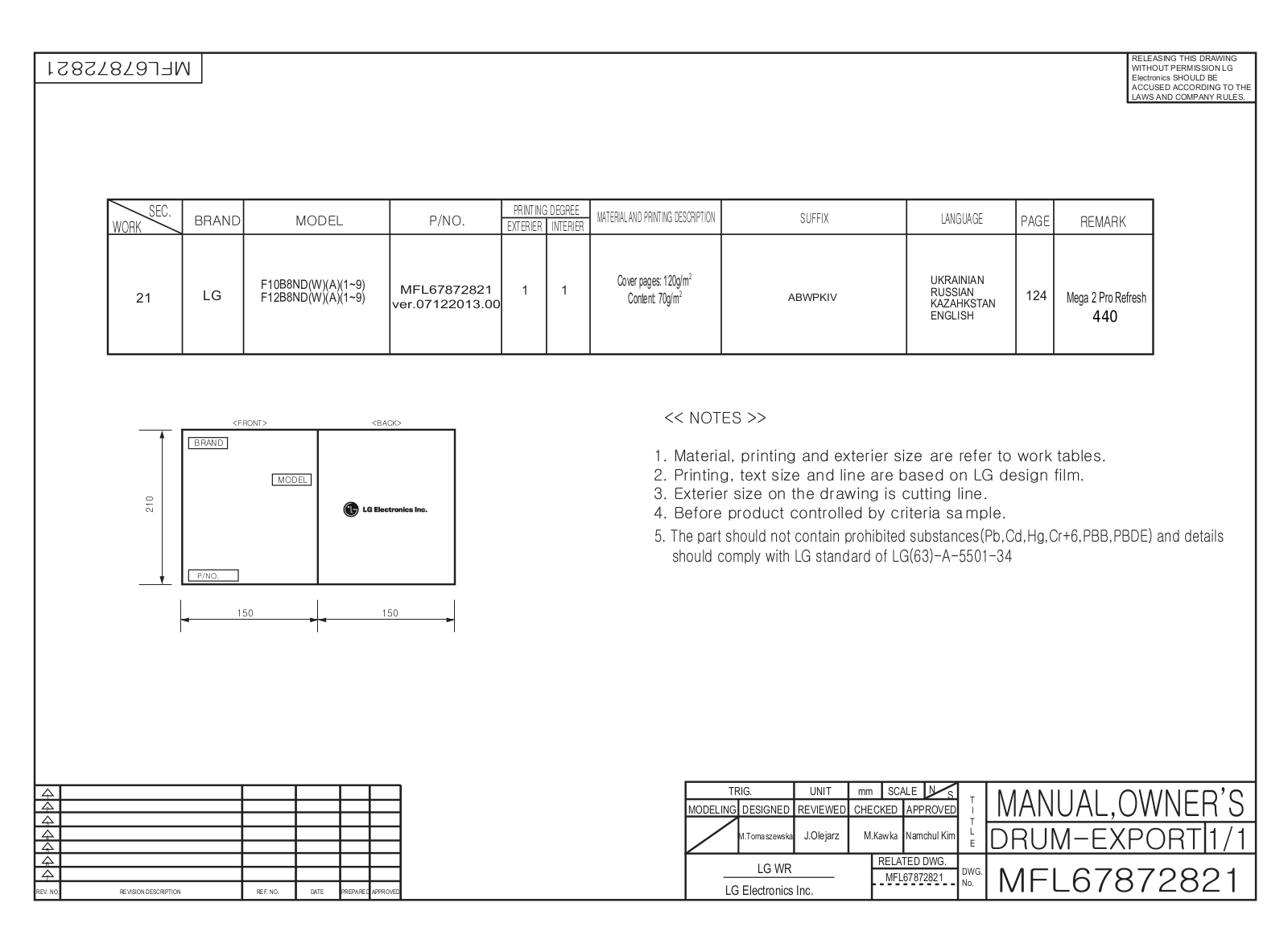 LG F12B8NDW5, F12B8NDW1 User Manual