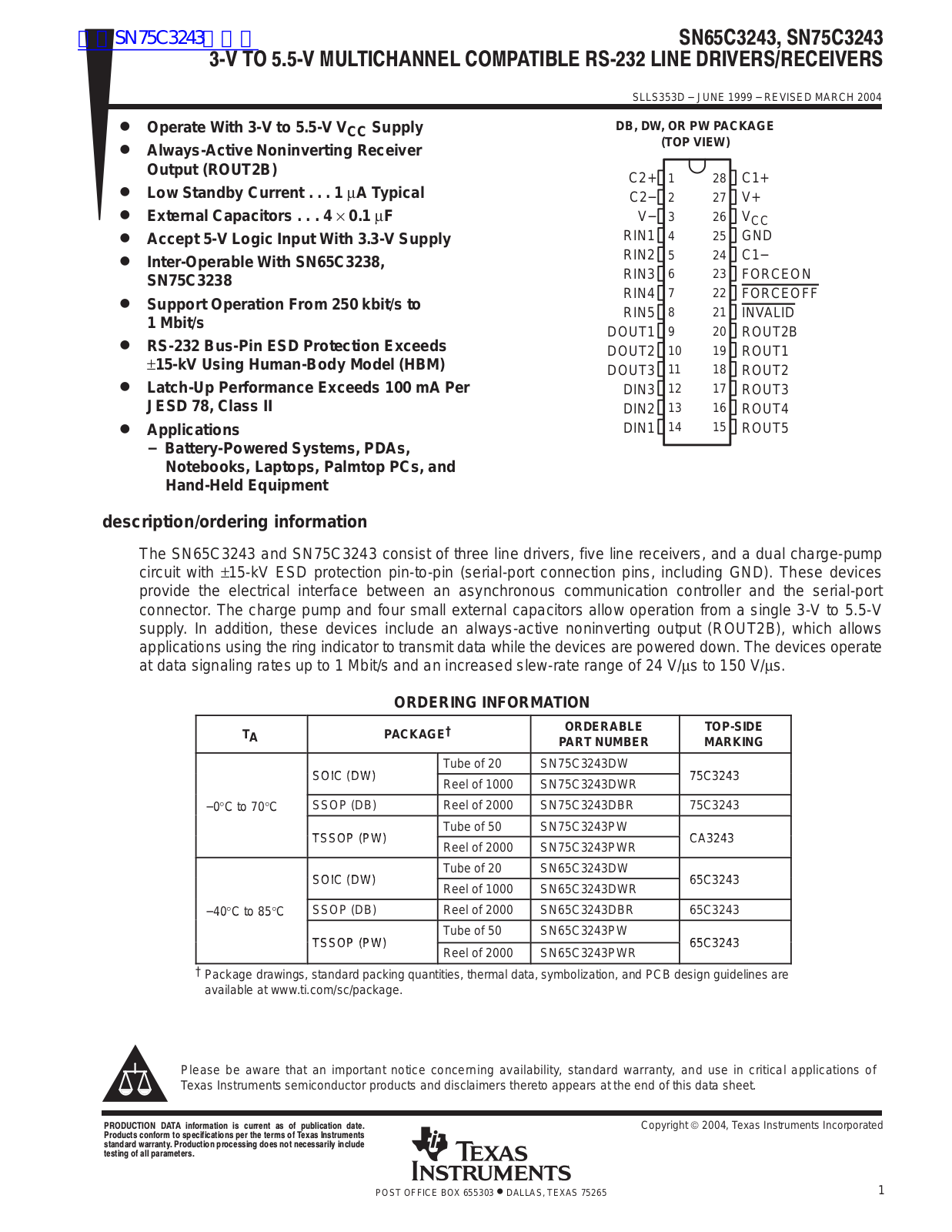 TEXAS INSTRUMENTS SN65C3243, SN75C3243 Technical data