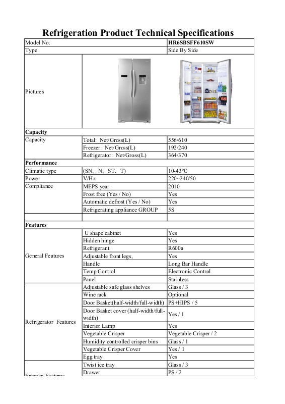 Hisense HR6SBSFF610SW Specifications Sheet