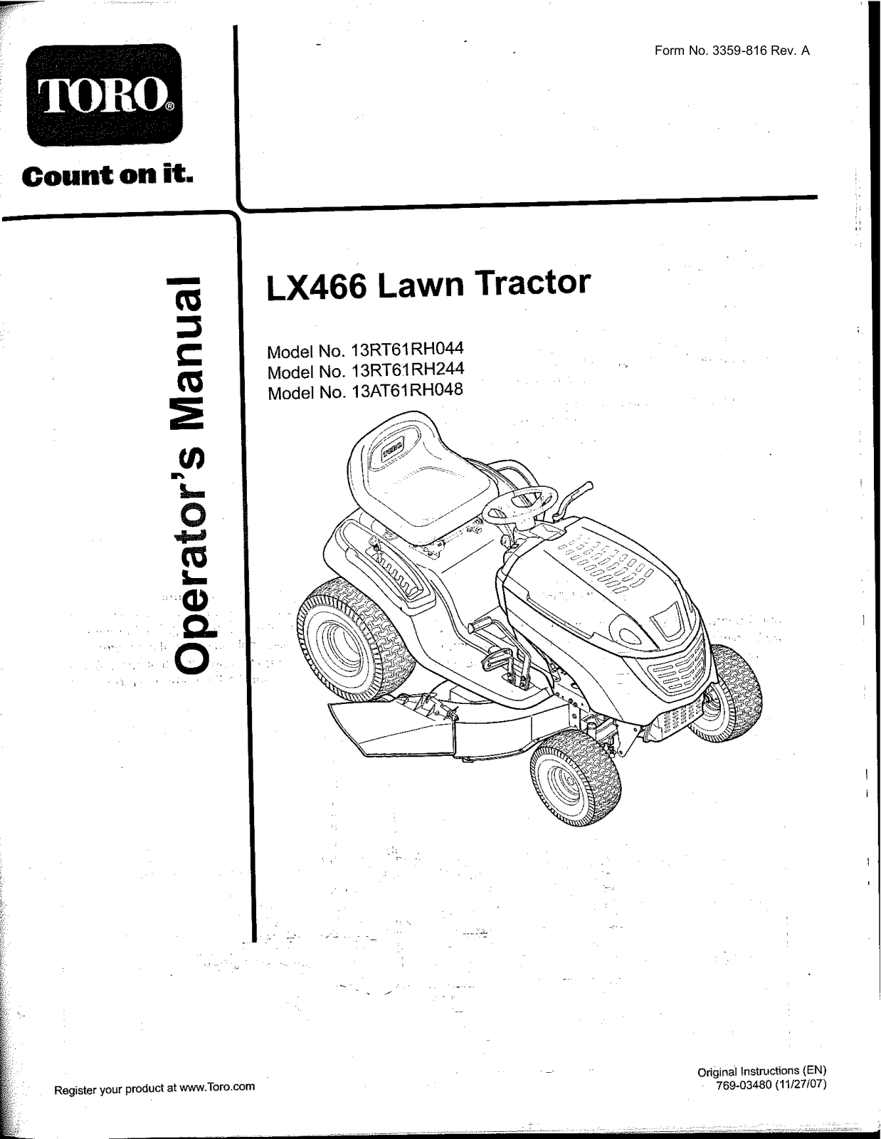 Toro 13AT61RH044, 13AT61RH048, 13RT61RH044, 13RT61RH244 Operator's Manual