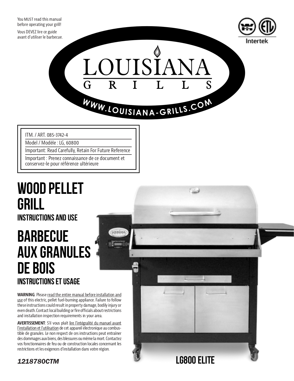 Louisiana Grills Lg60800us Owner's Manual