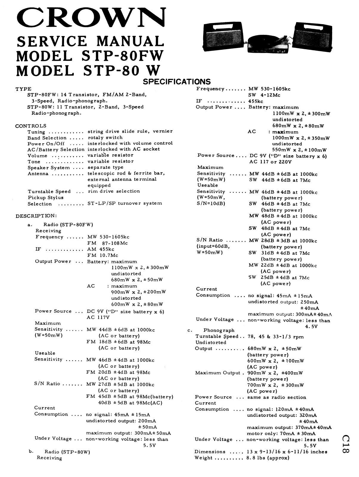 Crown STP-80 W, STP-80FW Service Manual