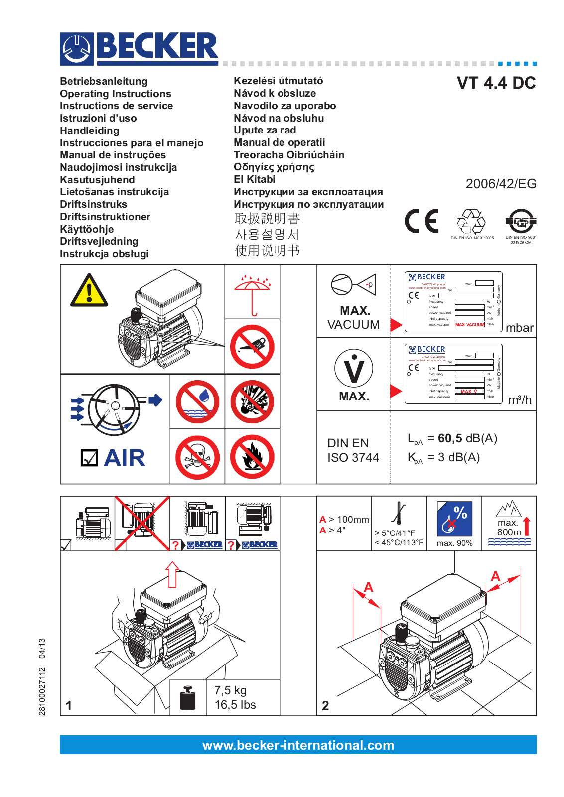 Becker VT 4.4 DC Operating Instructions Manual