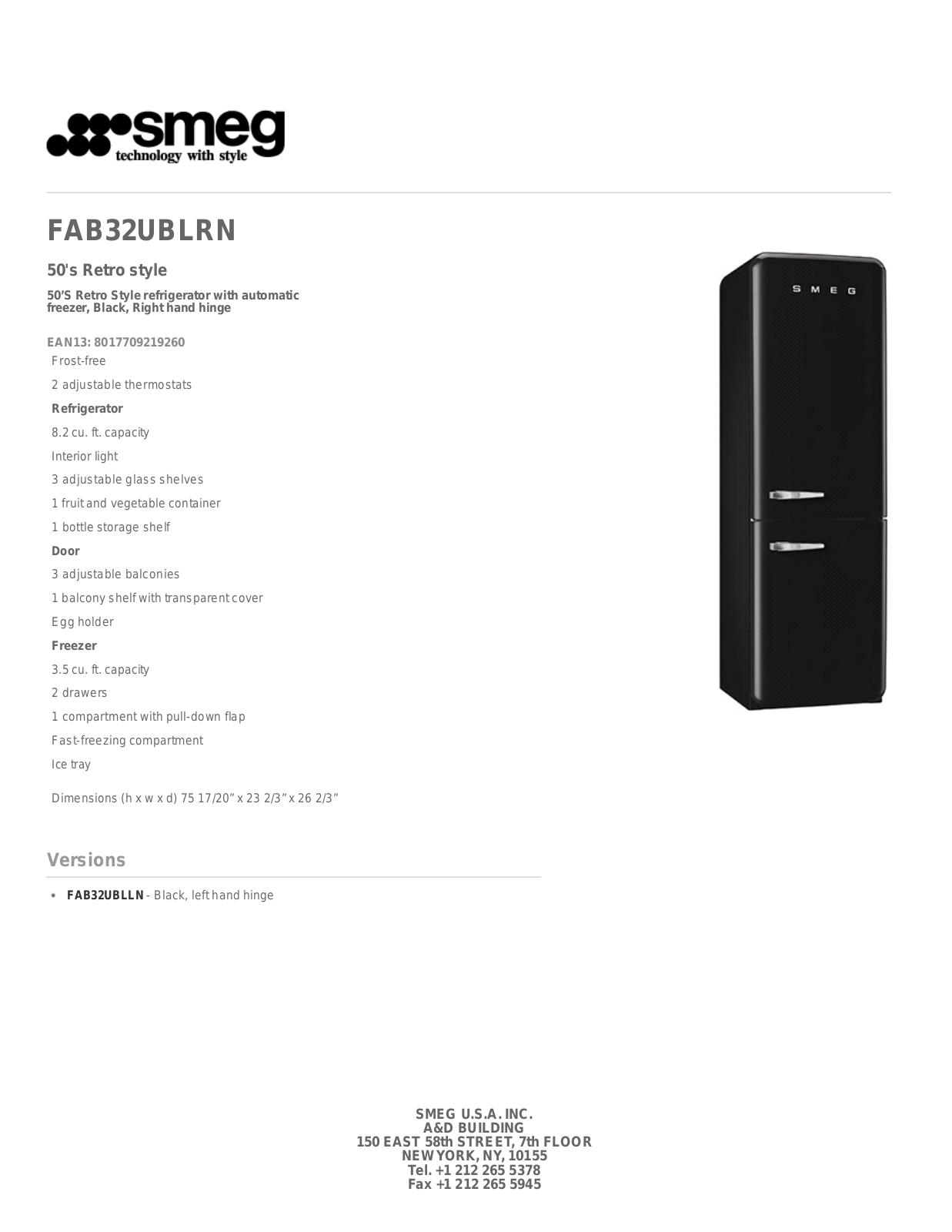 Smeg FAB32UBLRN Specification Sheet