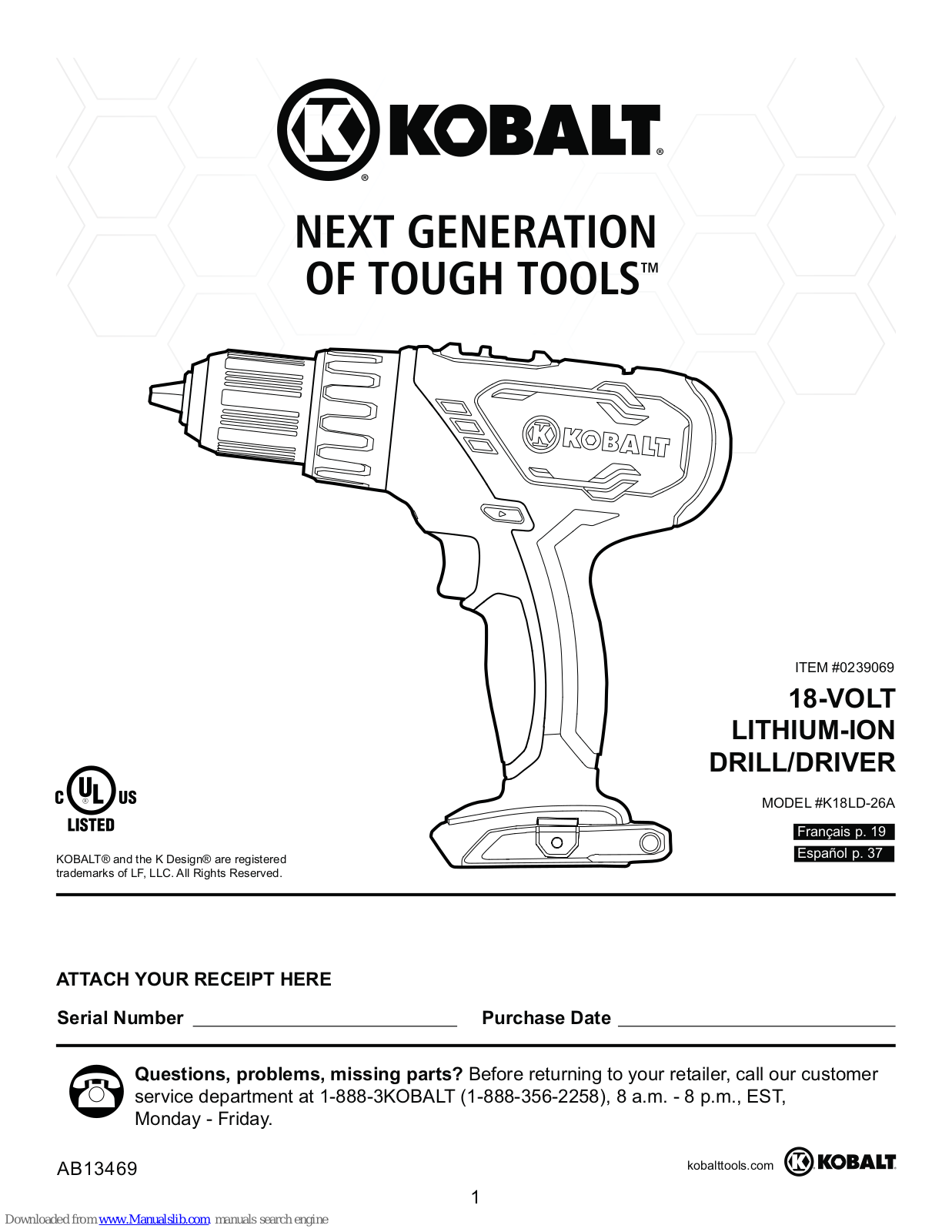 Kobalt K18LD-26A, 0233310, K20LD-26A, 0437513 User Manual