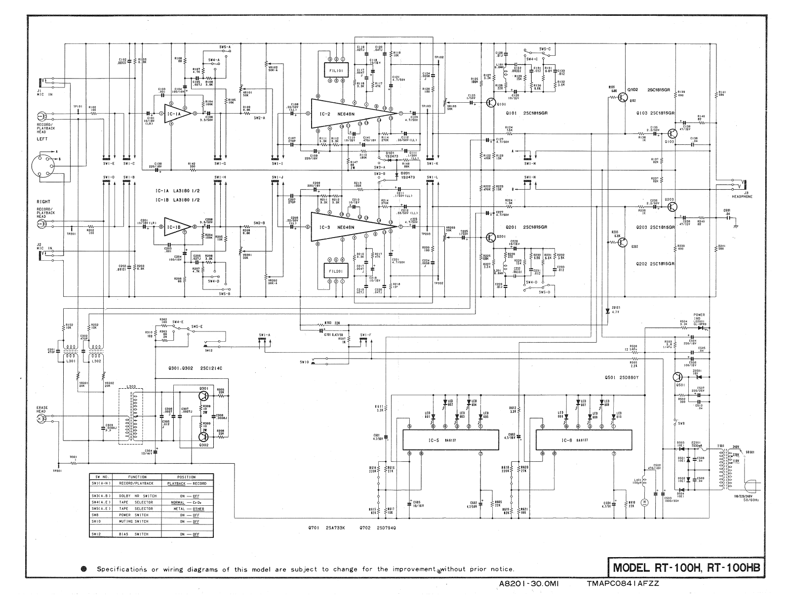 Sharp RT-100-H, RT-100-HB Schematic