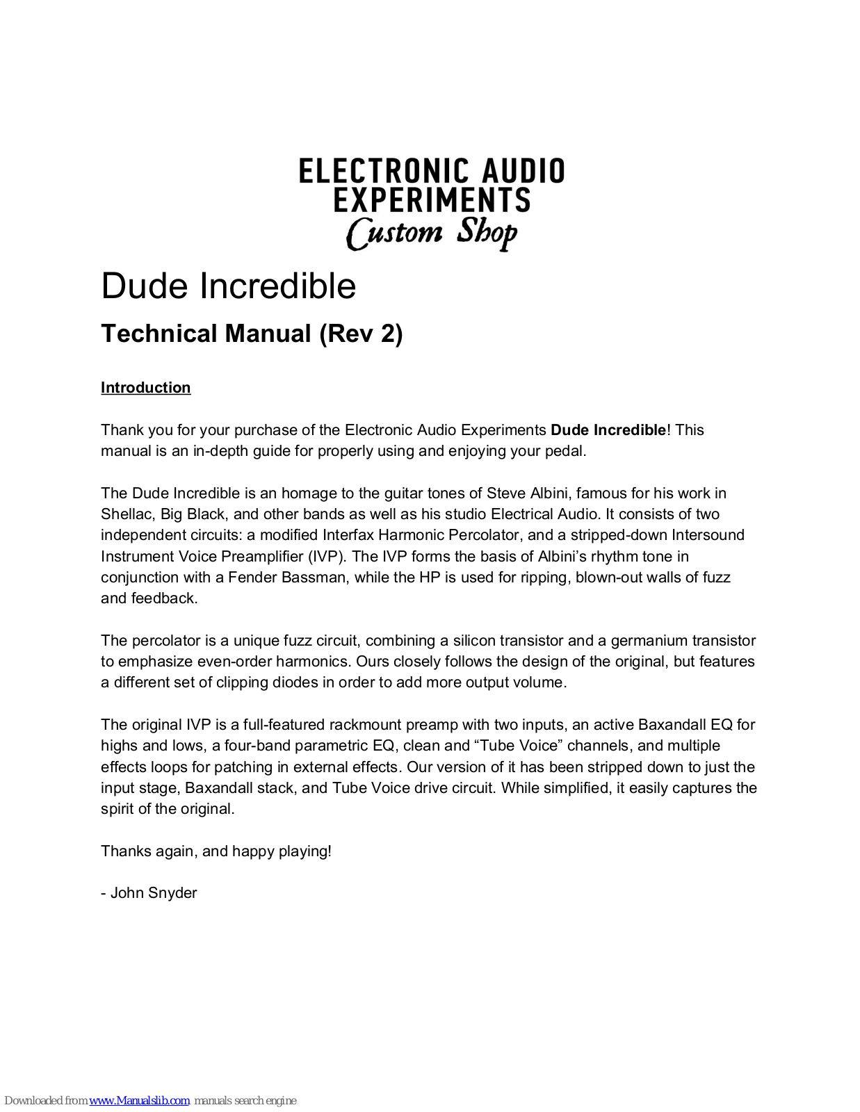 Electronic Audio Experiments Dude Incredible Technical Manual