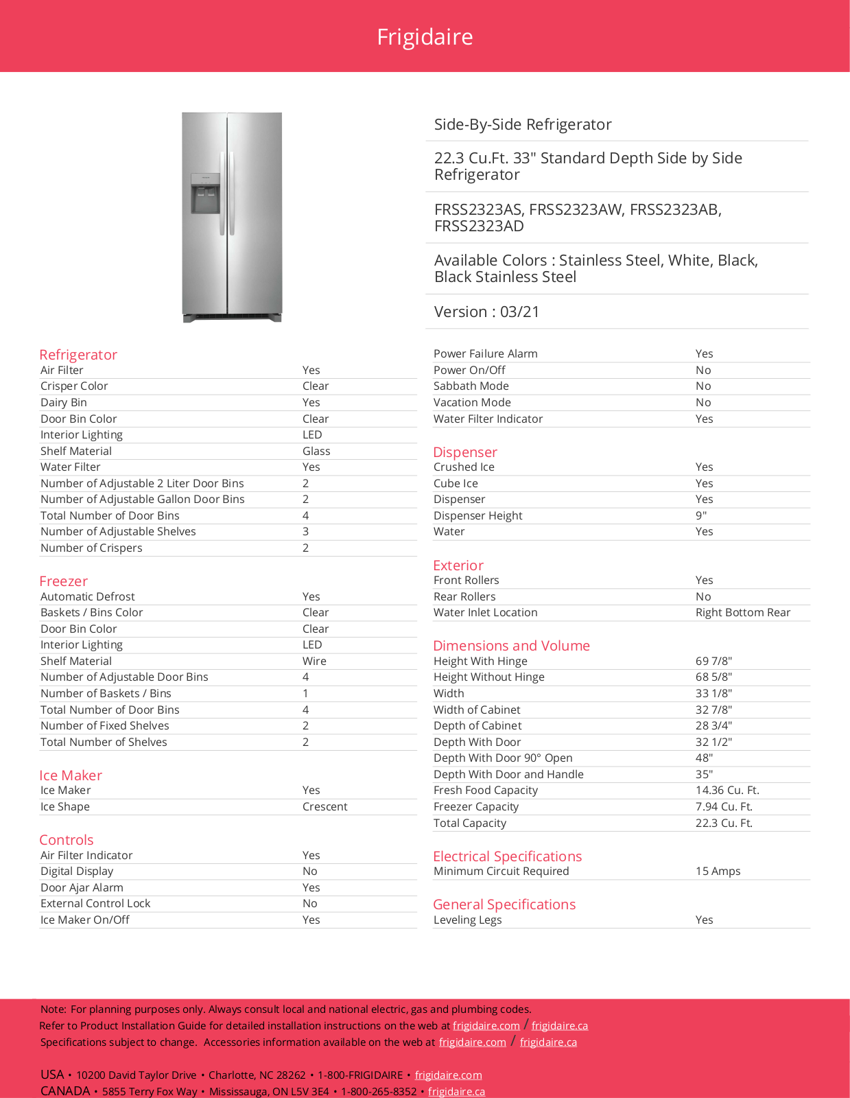 Frigidaire FRSS2323AS, FRSS2323AW, FRSS2323AB, FRSS2323AD Specification Sheet