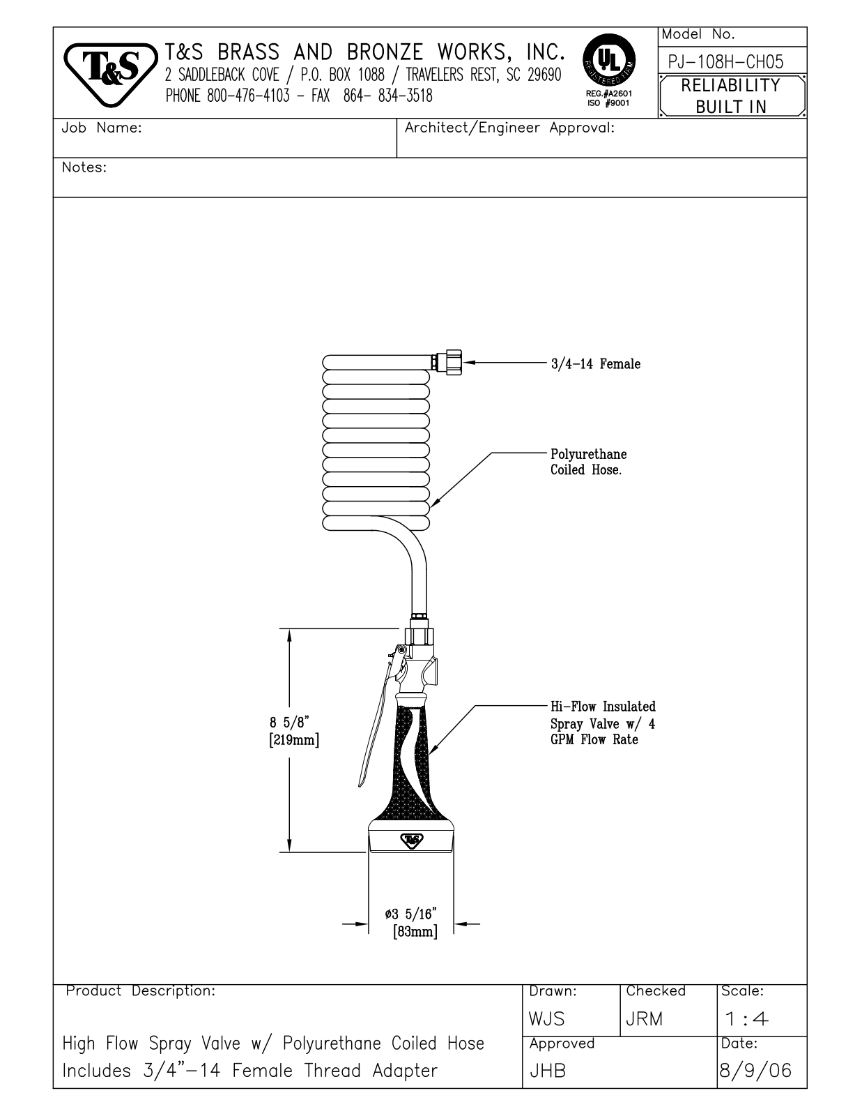 T&S Brass PJ-108H-CH05 User Manual