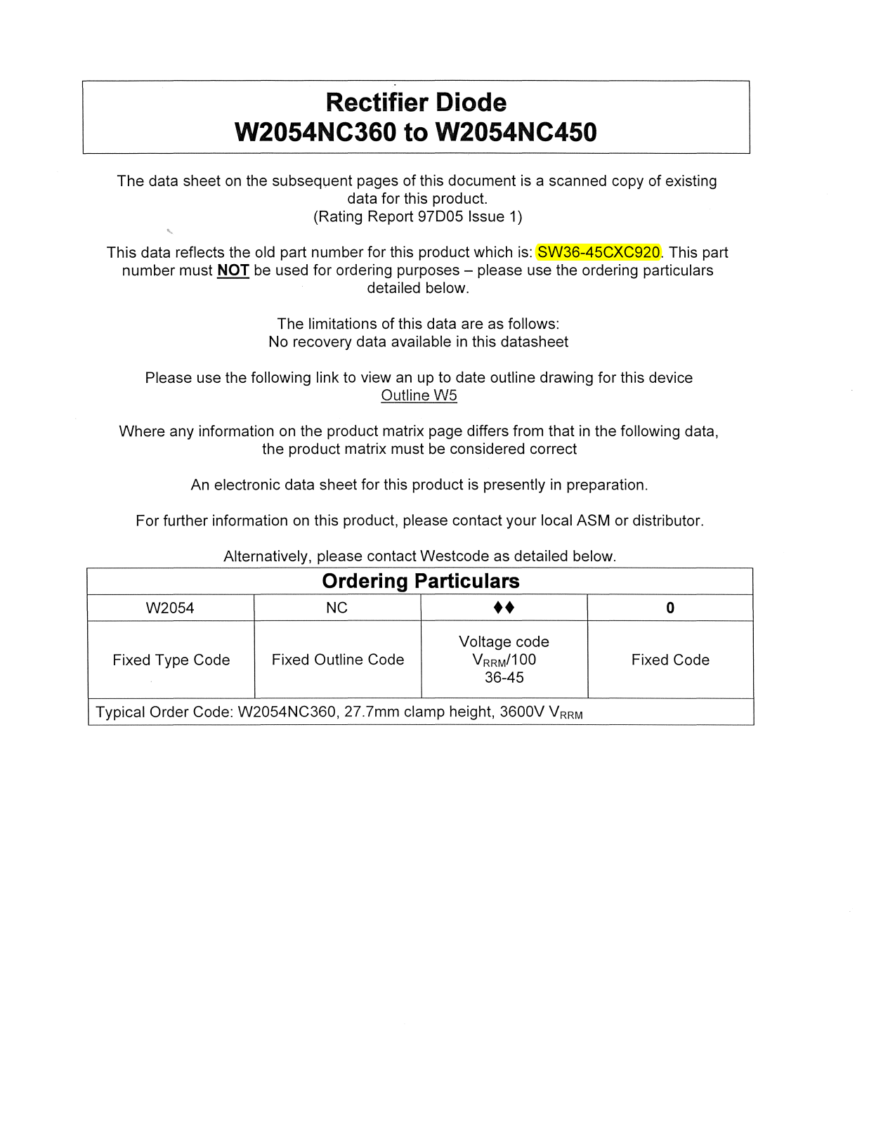 Datasheet W2054NC360, W2054NC450 Datasheet (Westcode Semiconductors) - ManualMachine.com