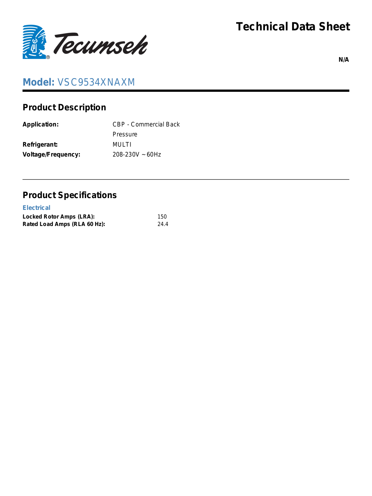 Tecumseh VSC9534XNAXM User Manual