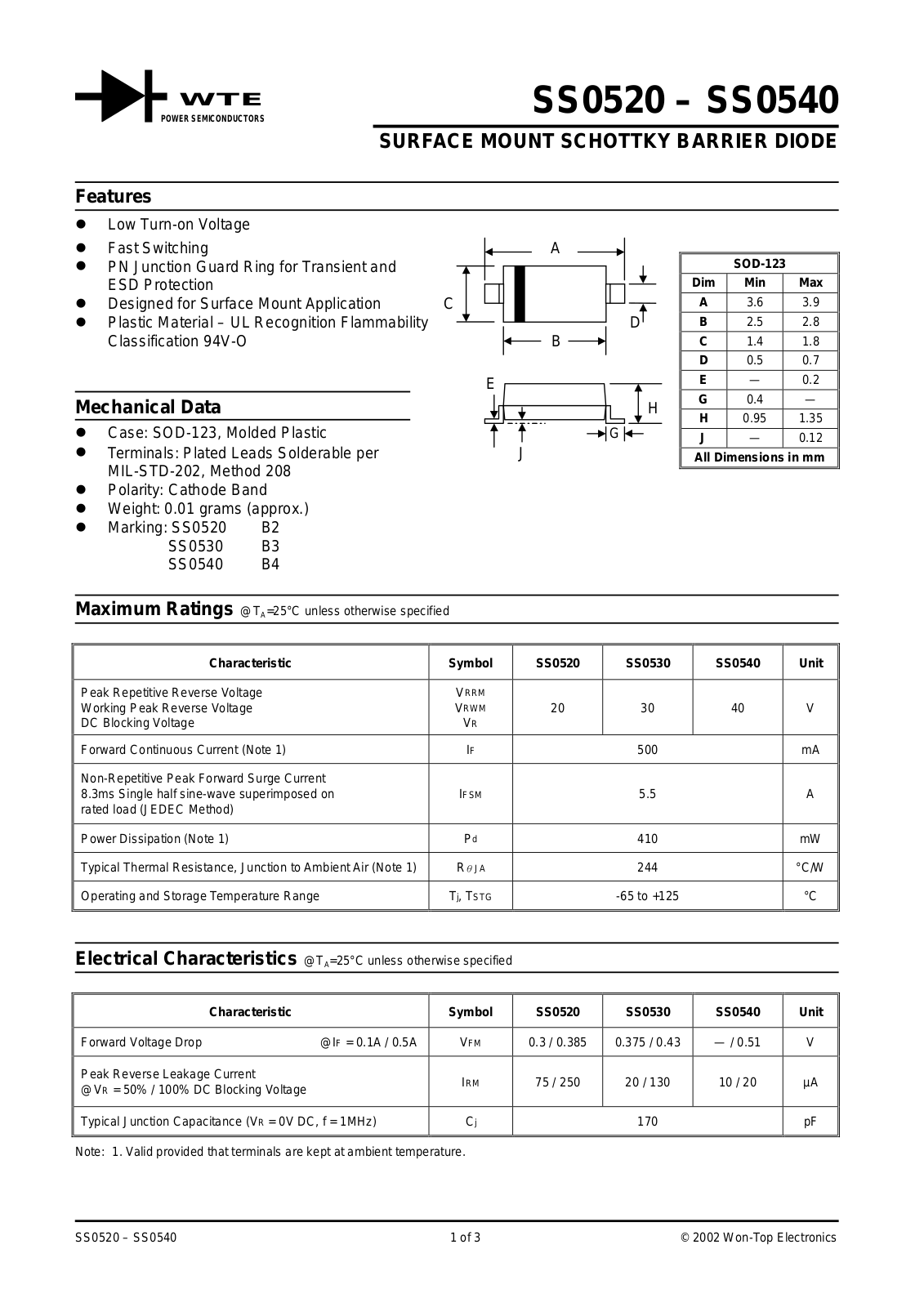 WTE SS0540-T1, SS0530-T3, SS0530-T1, SS0520-T3, SS0520-T1 Datasheet