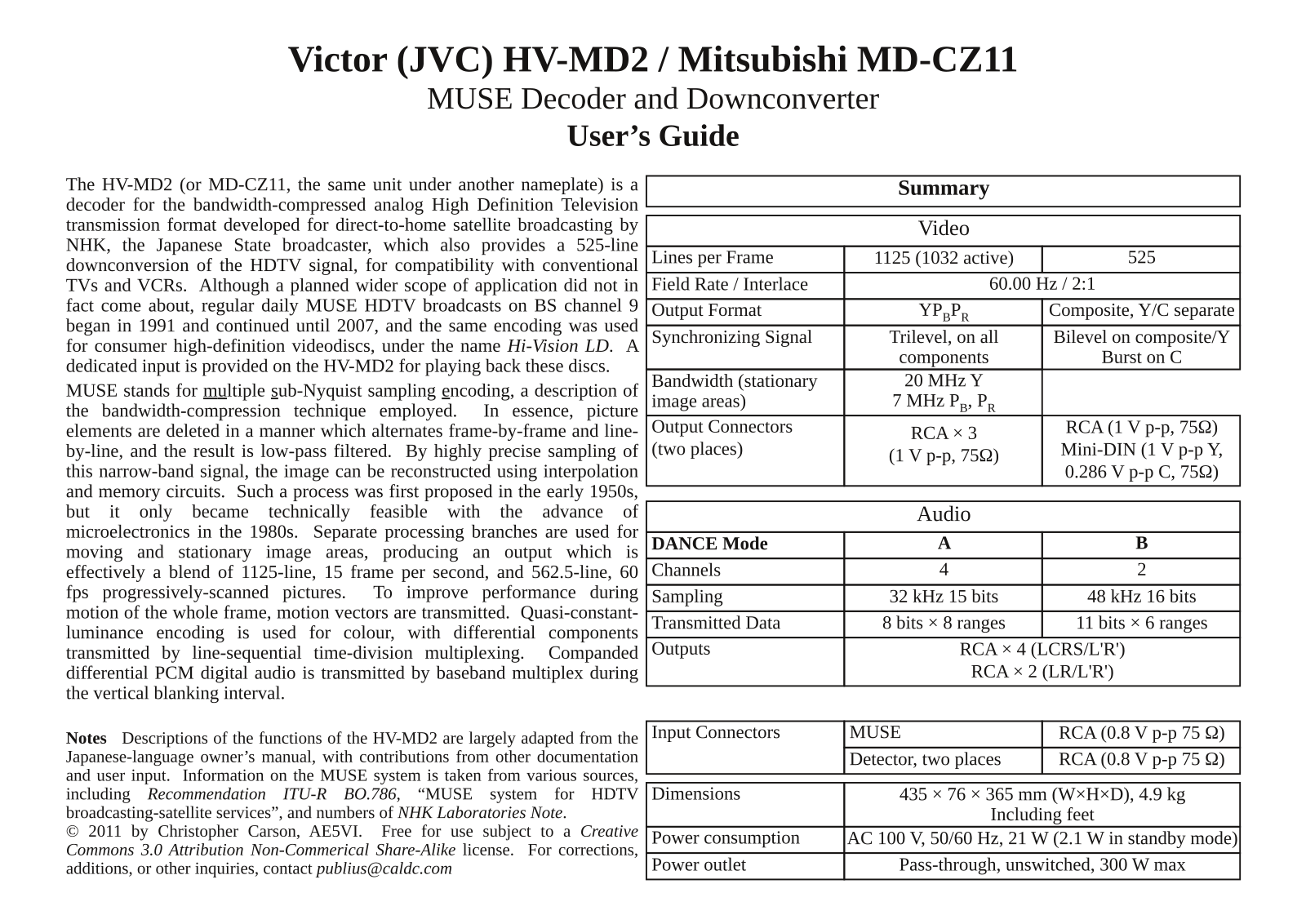 JVC HV-MD2 User Guide