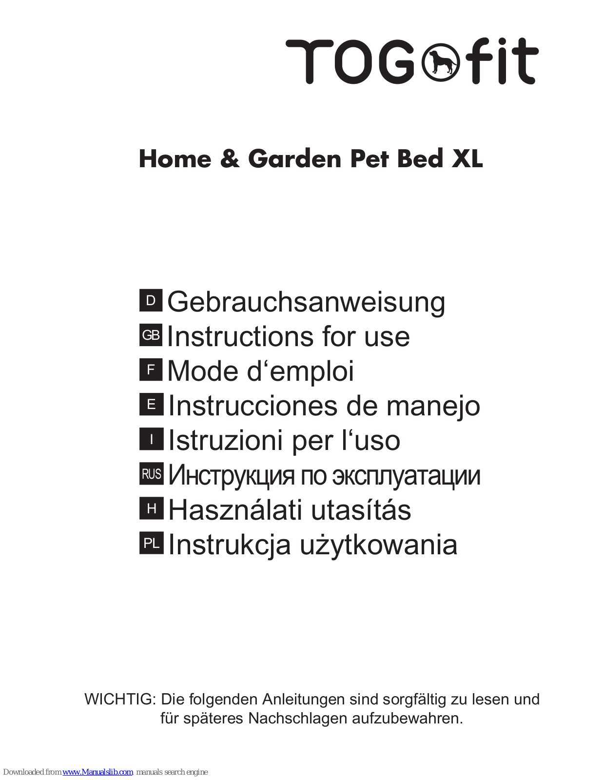 Togfit Home & Garden Pet Bed XL, Home & Garden Pet Bed S, Home & Garden Pet Bed L Instructions For Use Manual