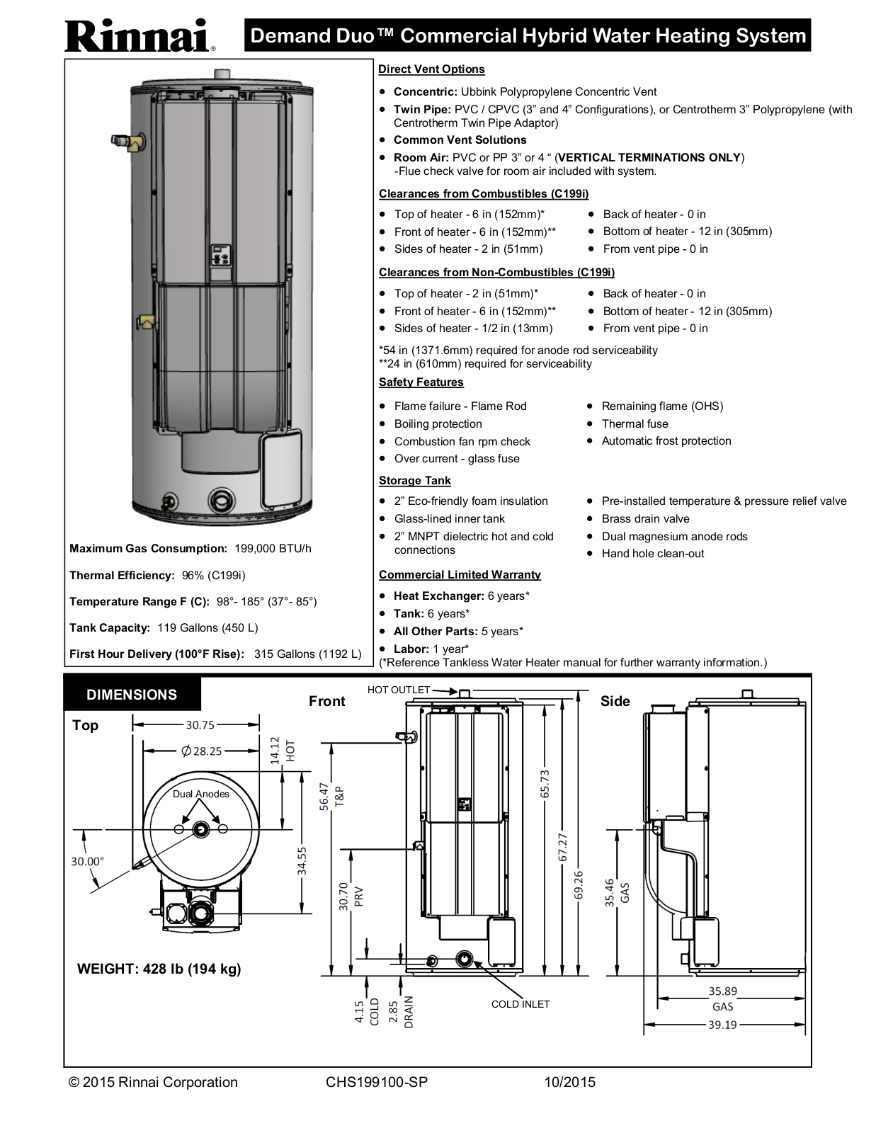 Rinnai Water Heater CHS199100CUiN Specifications