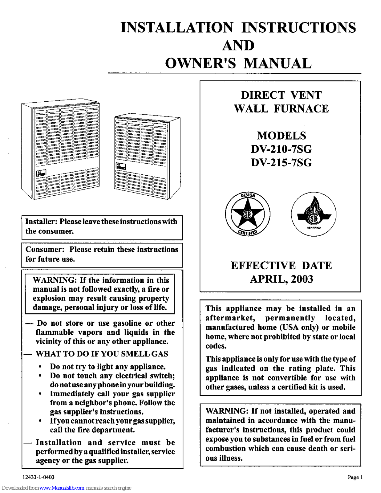 Empire Heating Systems DV-210-7SG, DV-215-7SG Owner's Manual