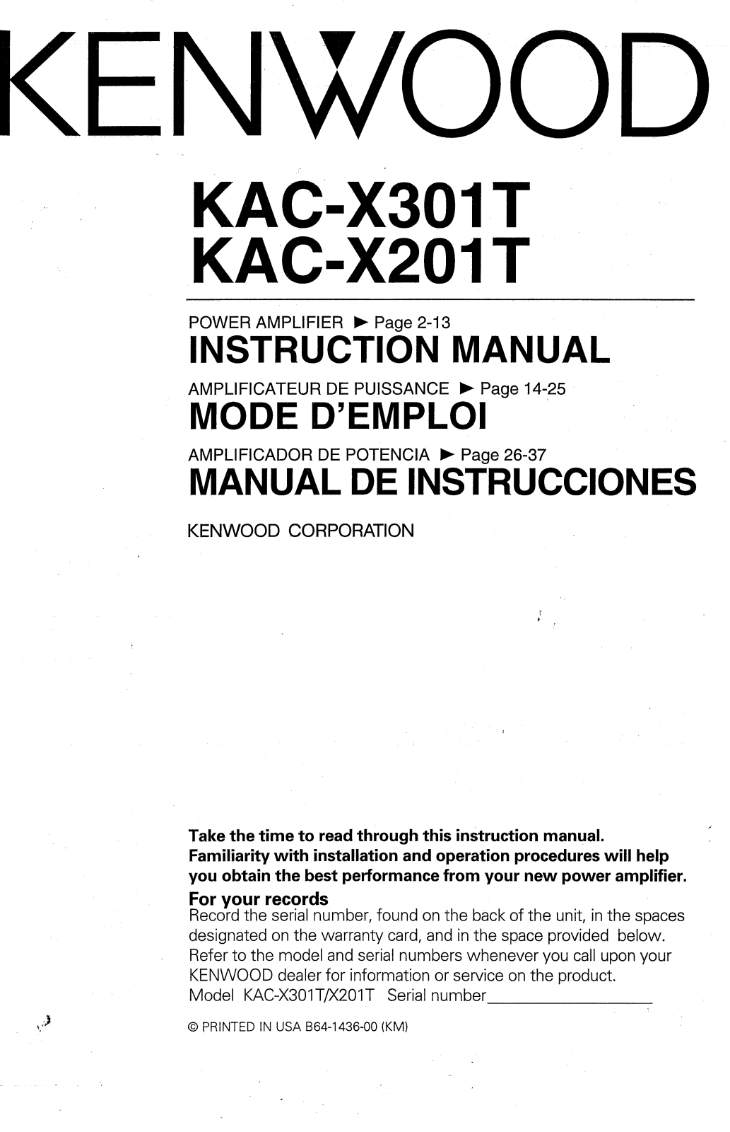 Kenwood KAC-X301T, KAC-X201T Owner's Manual