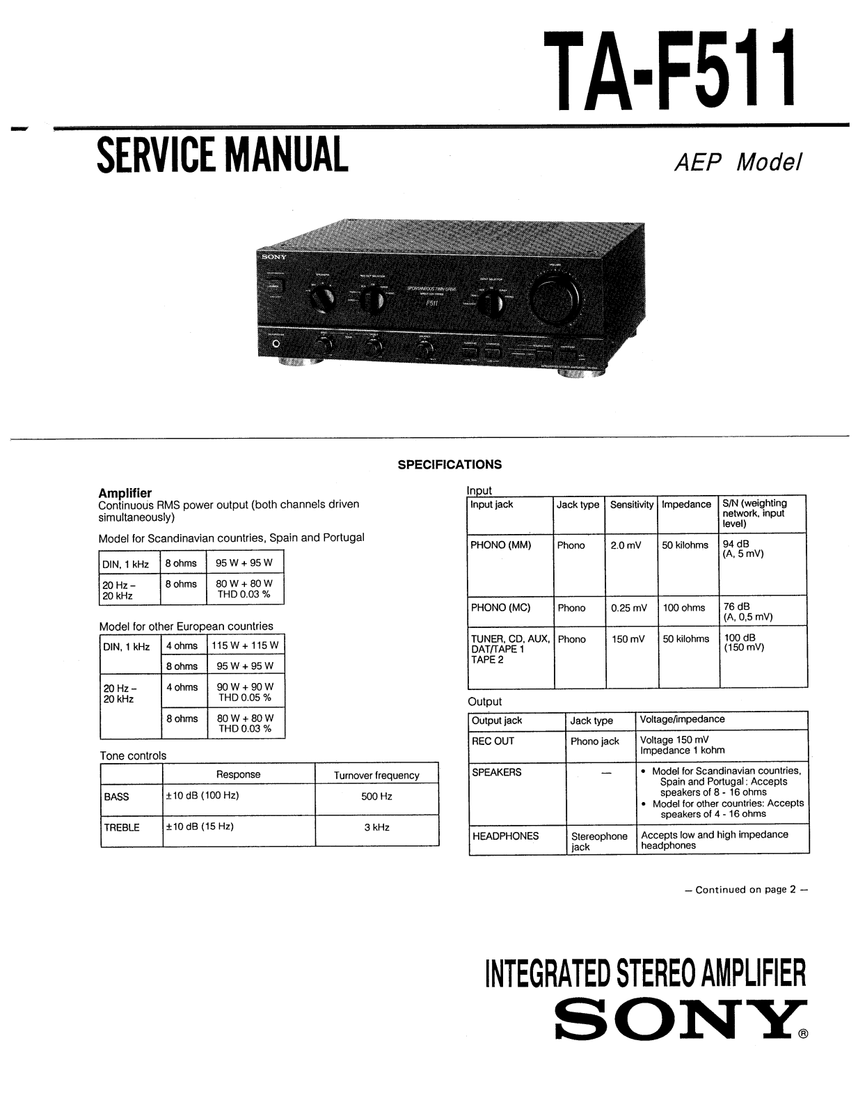 Sony TAF-511 Service manual