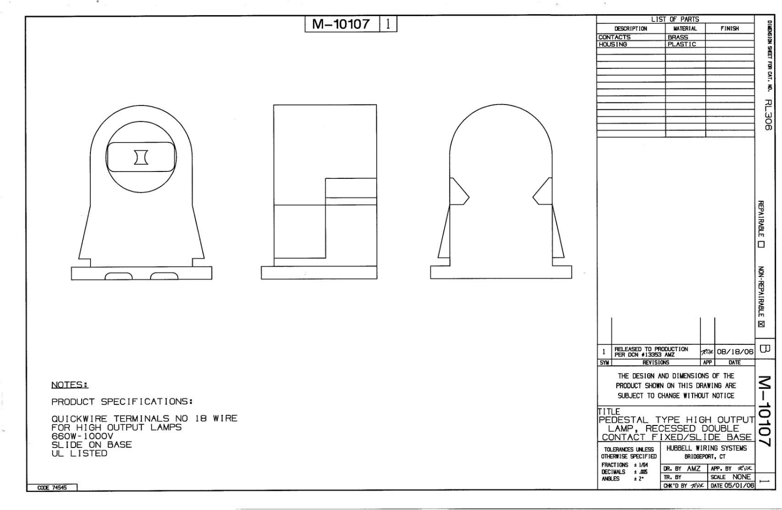 Hubbell RL306 Reference Drawing