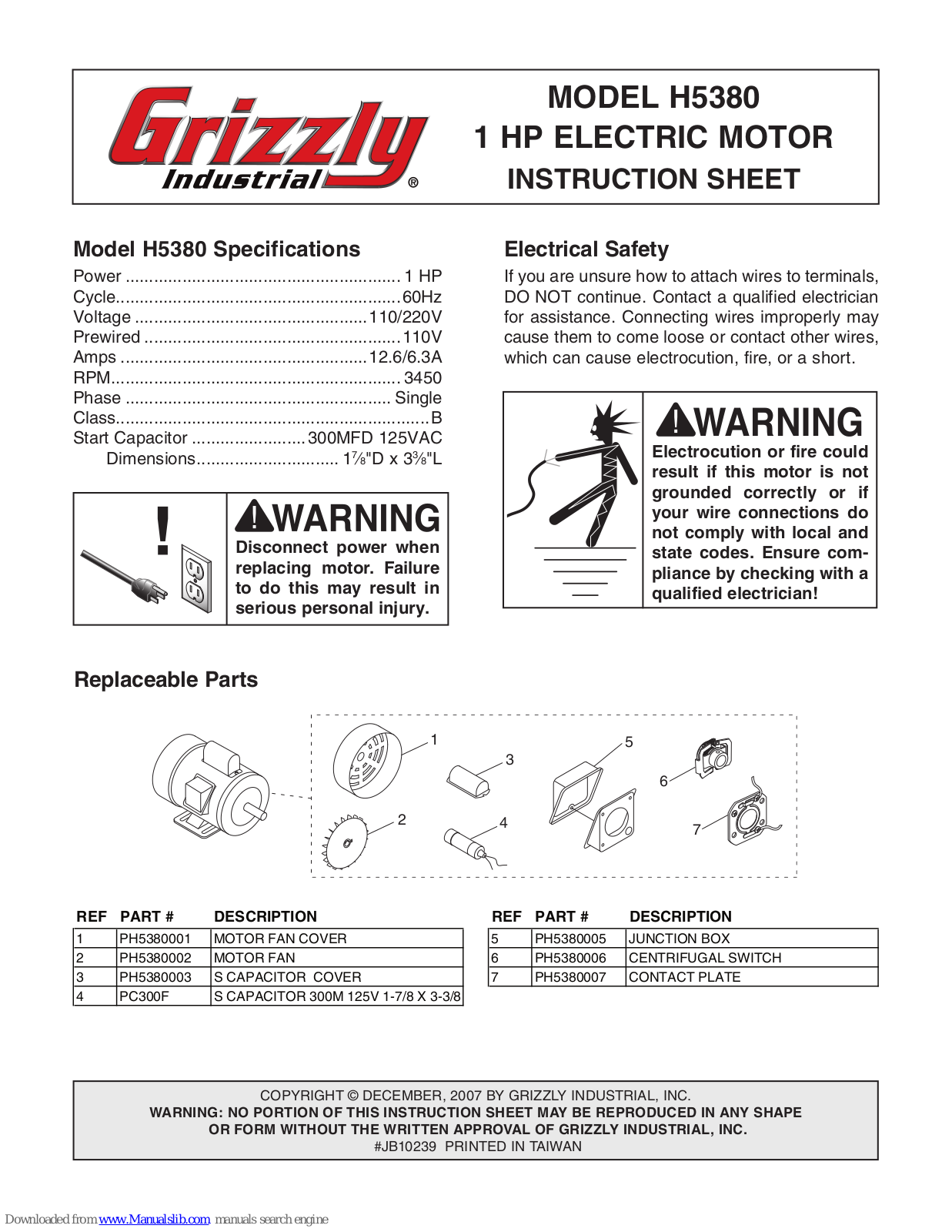 Grizzly H5380 Instruction Sheet