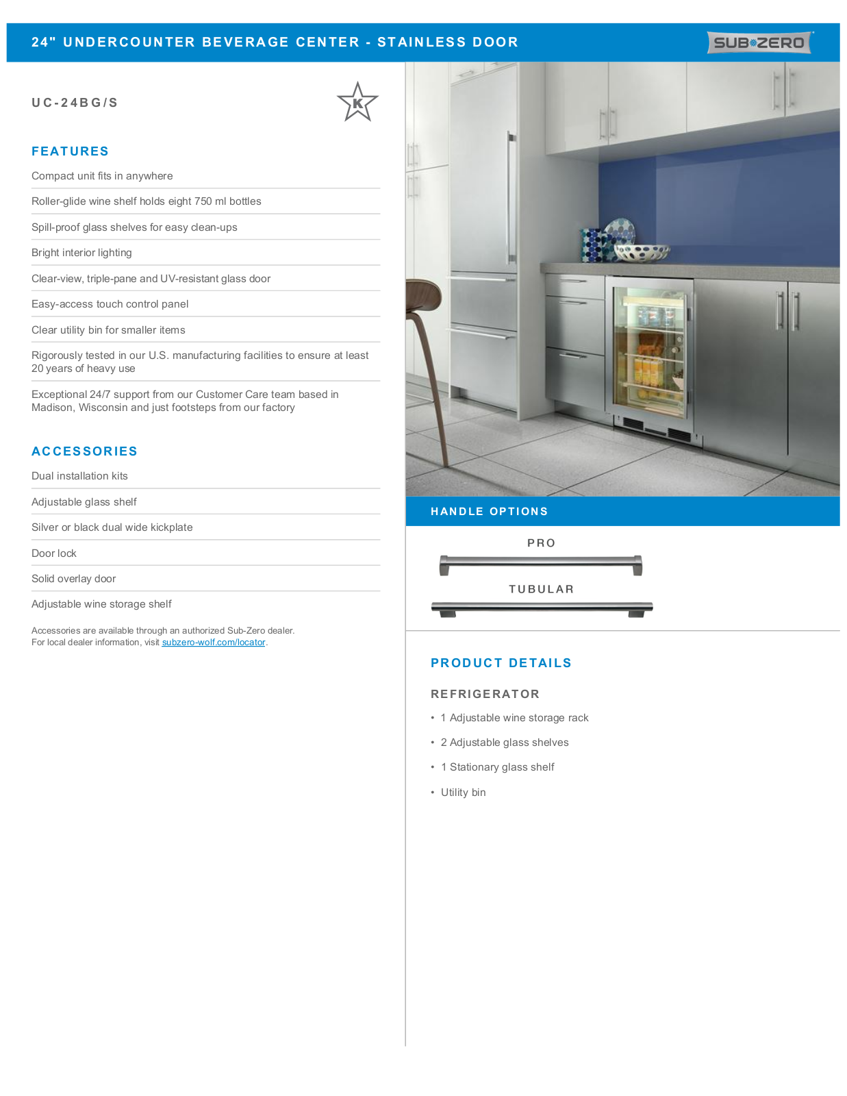 Sub-Zero UC24BGSPHLH, UC24BGSPH, UC24BGSTH, UC24BGSPHRH, UC24BGSTHLH Specification Sheet