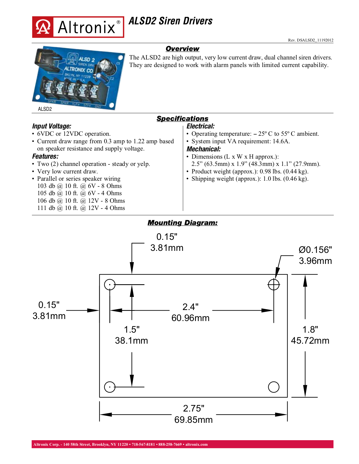 Altronix ALSD2 Data Sheet