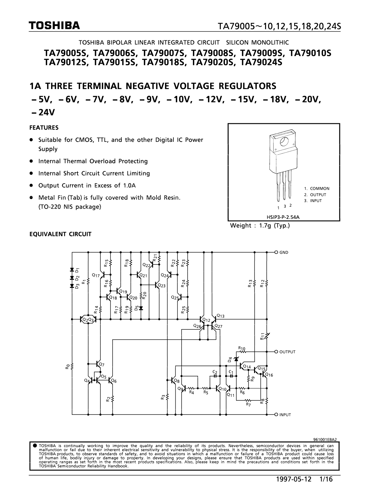 Toshiba TA79010S, TA79009S, TA79008S Datasheet