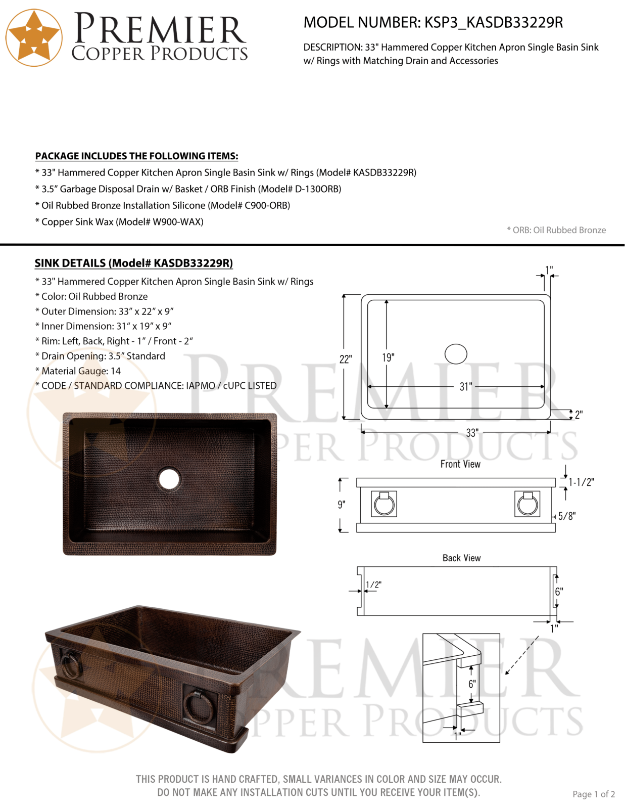 Premier Copper Products IER1898 Specifications - ManualMachine.com