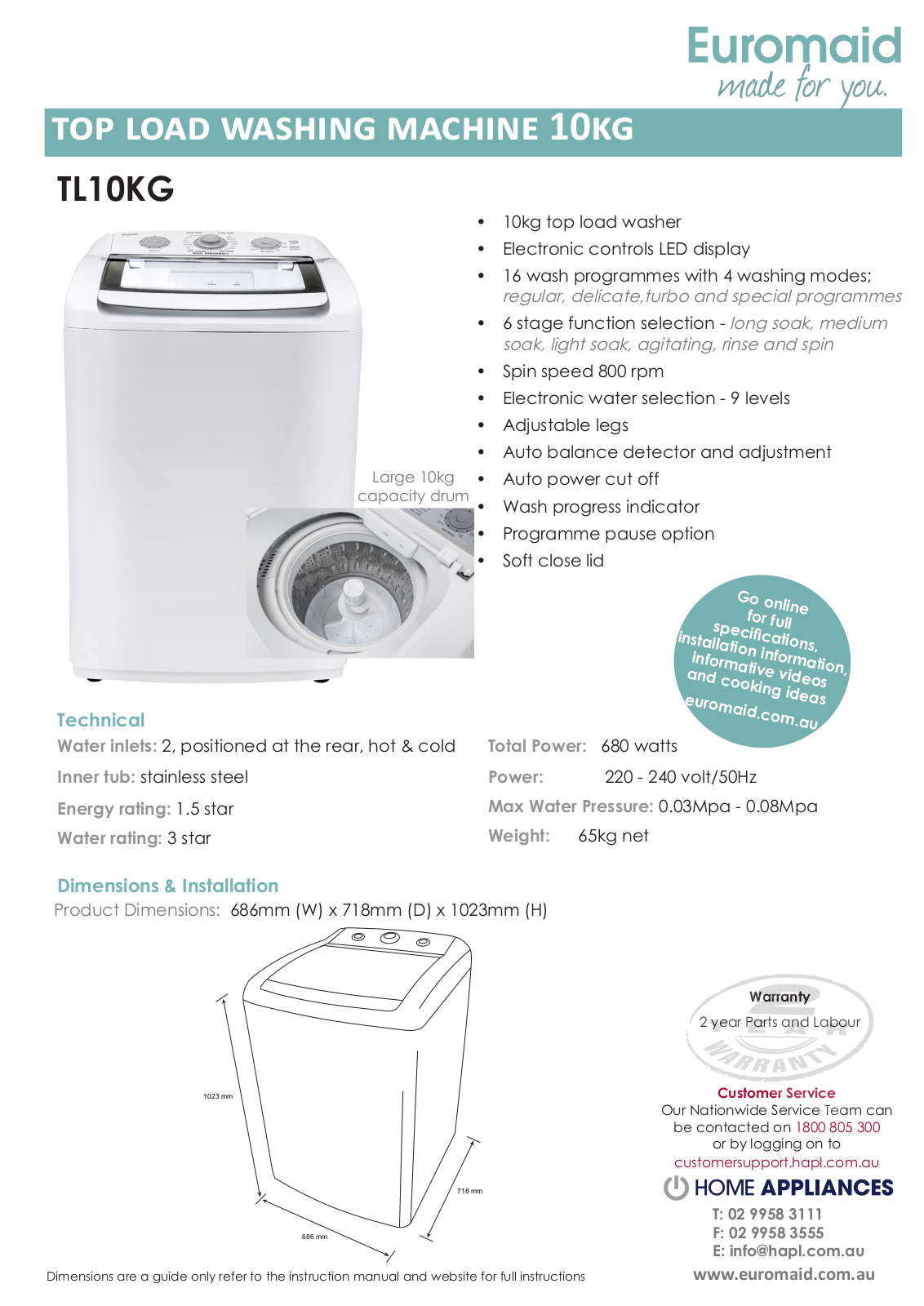 Euromaid TL10KG Specifications Sheet