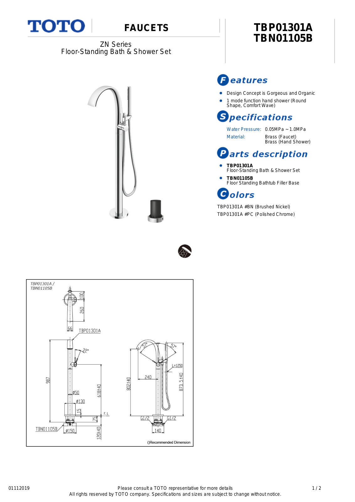 TOTO TBP01301A, TBN01105B Datasheet