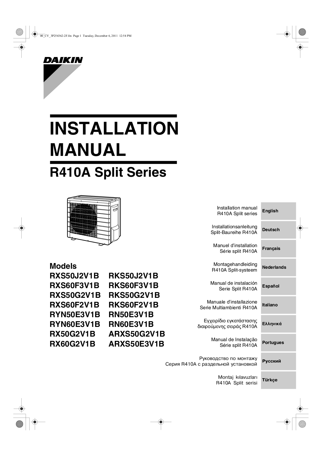 Daikin RKS50J2V1B, RKS60F3V1B, RXS50G2V1B, RKS50G2V1B, RXS60F2V1B Installation manual