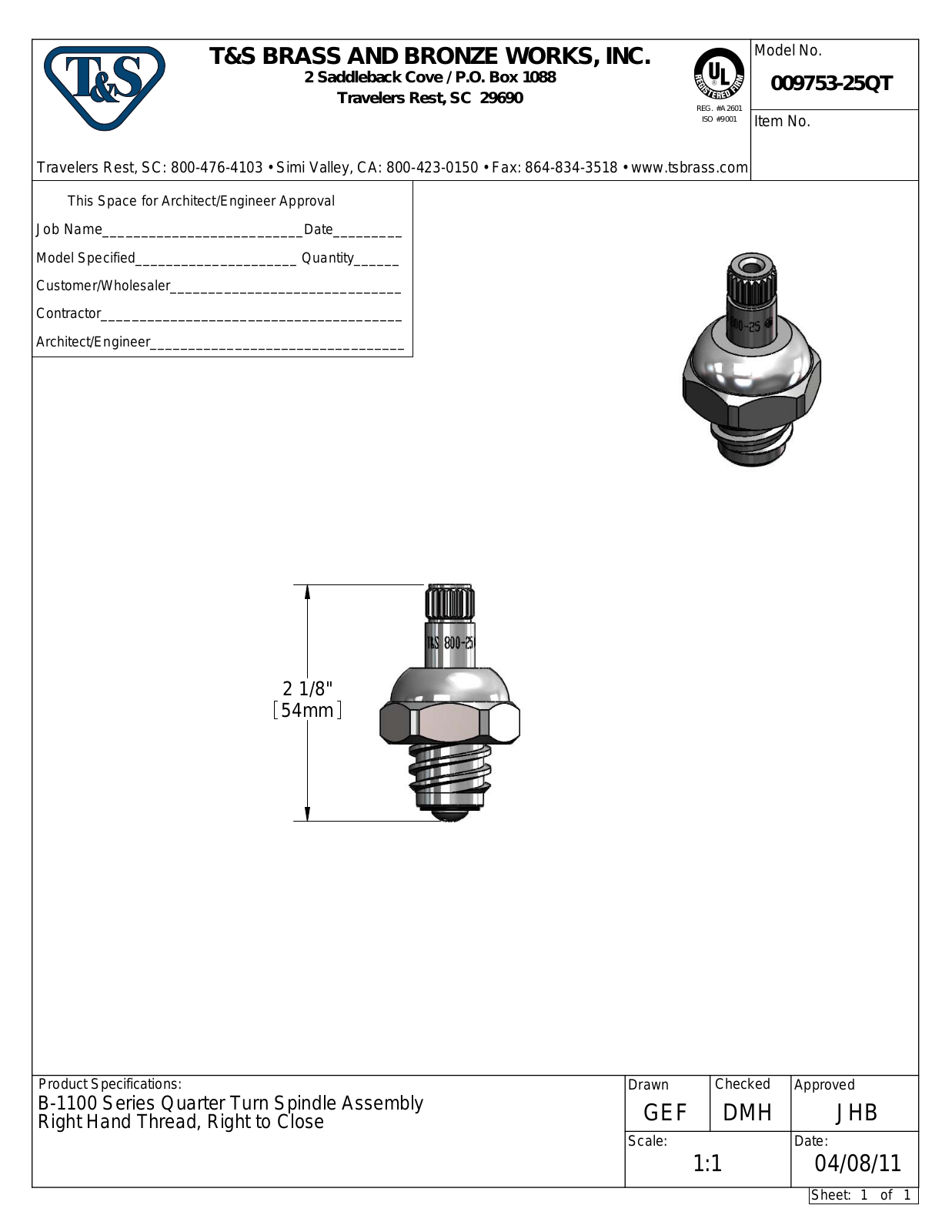 T&S Brass 009753-25QT User Manual