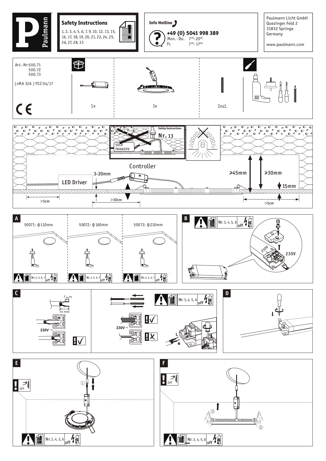 Paulmann 50071, 50072, 50073 Safety instructions